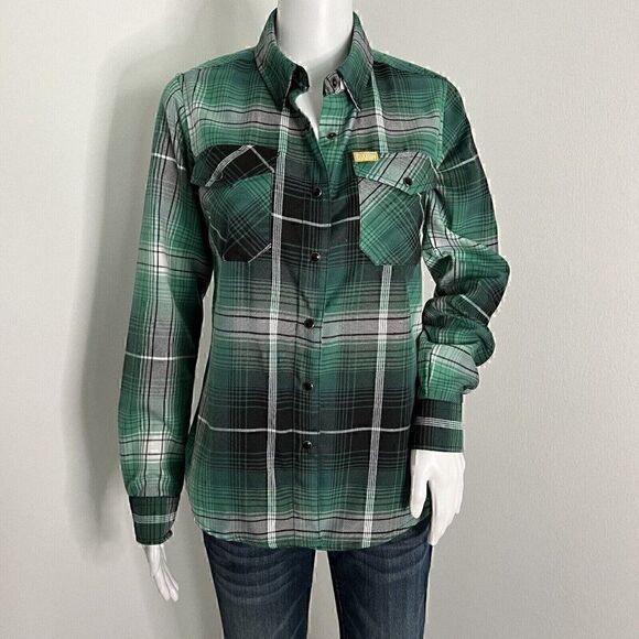 Dixxon Women's Reilly Flannel Shirt Size S Green Black Plaid Snap Front Luck - Picture 1 of 11